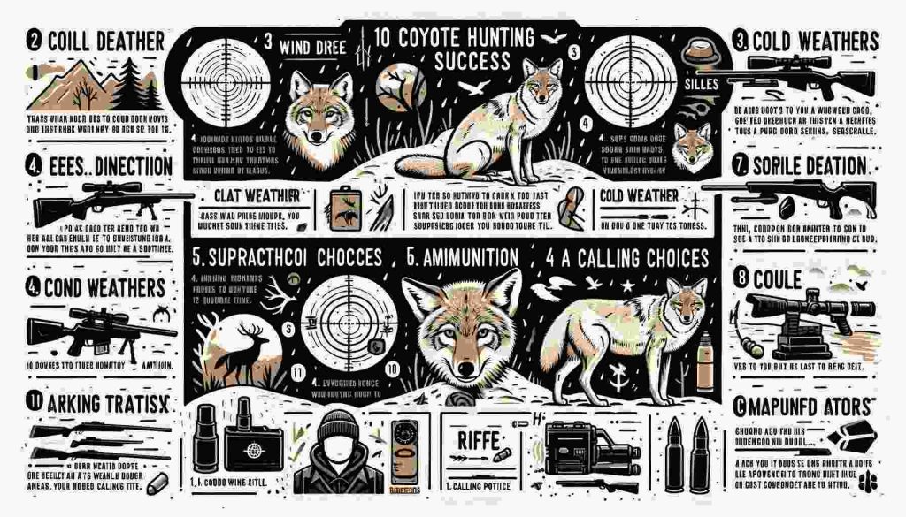 drawing-style image that visually represents the "10 Expert Tips for Coyote Hunting Success," incorporating both illustrations and text for each tip in a clear, readable infographic format.