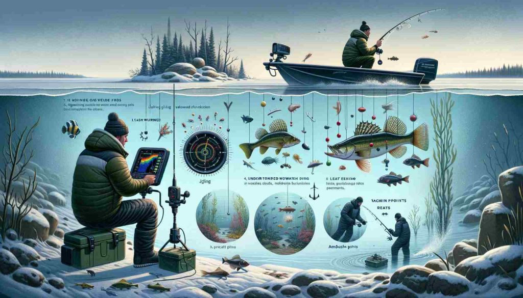 The image showcasing advanced ice fishing techniques has been created, illustrating various methods such as using sonar for locating fish, mastering jigging and deadsticking for effective presentation, and targeting specific species like panfish, walleye, and northern pike with appropriate baits and strategies.