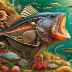 A detailed, vibrant underwater scene showing various fish species, including tuna, flounder, and catfish, with a close-up of fish gills in clear water with aquatic plants and marine life.