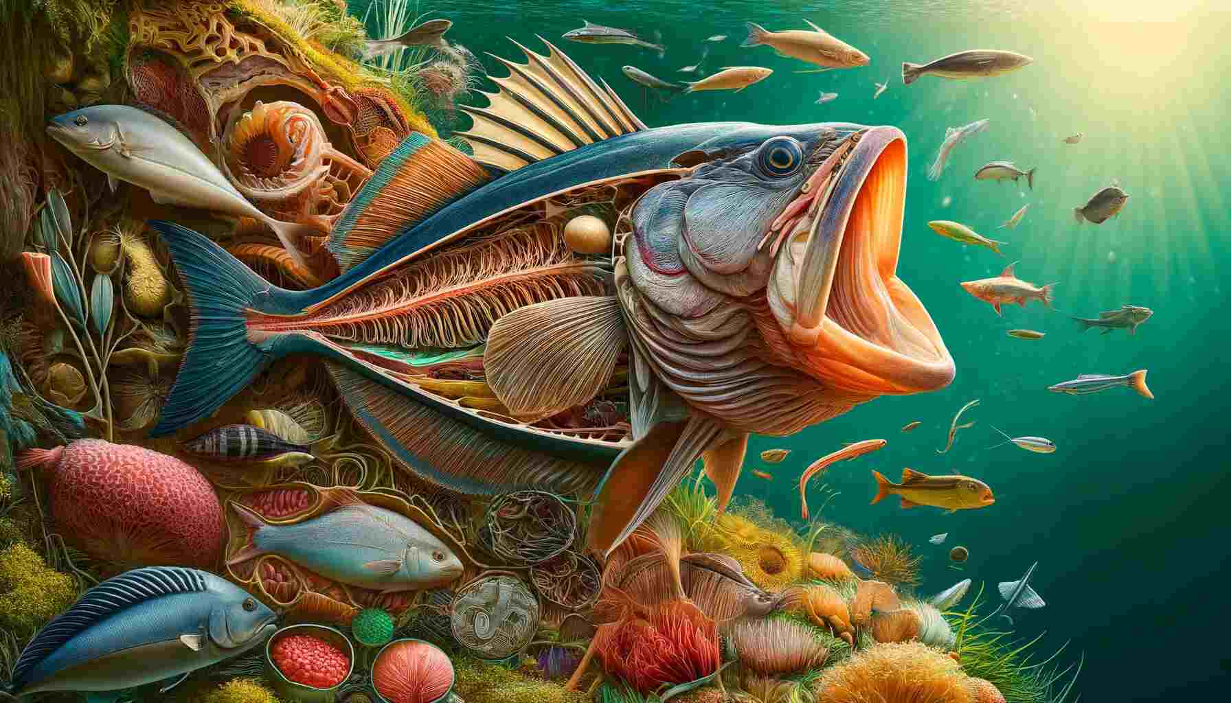 A detailed, vibrant underwater scene showing various fish species, including tuna, flounder, and catfish, with a close-up of fish gills in clear water with aquatic plants and marine life.