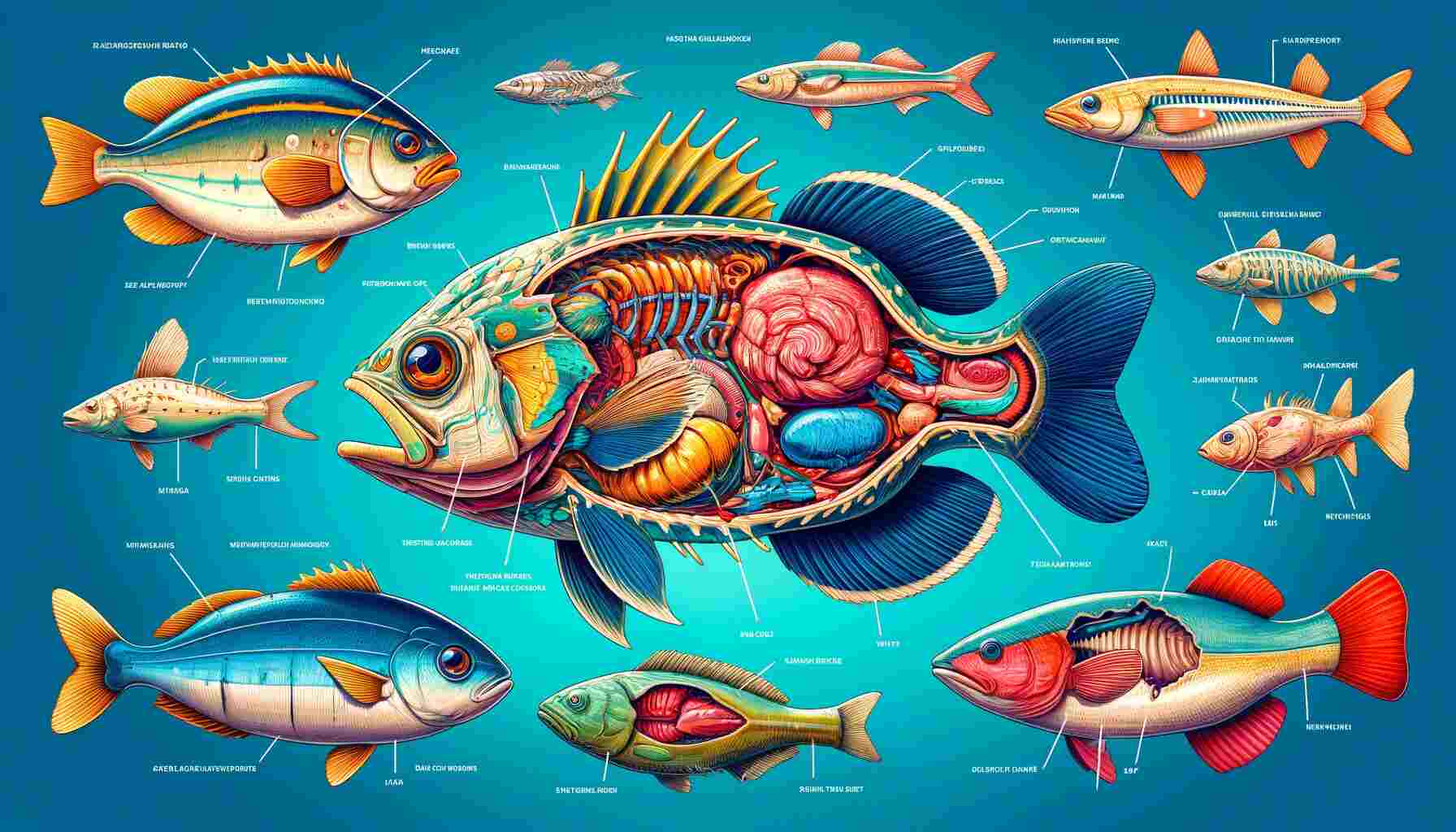 Detailed and vibrant illustration of various fish showcasing their anatomy, with side-by-side comparisons highlighting unique body shapes, fins, scales, gills, and internal organs, set against a gradient blue aquatic background with labels pointing to key anatomical features.