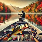 A fisherman on a small boat holds a largemouth bass on a calm lake surrounded by vibrant fall foliage. The autumn colors reflect on the still water, capturing the peaceful beauty of fall bass fishing.