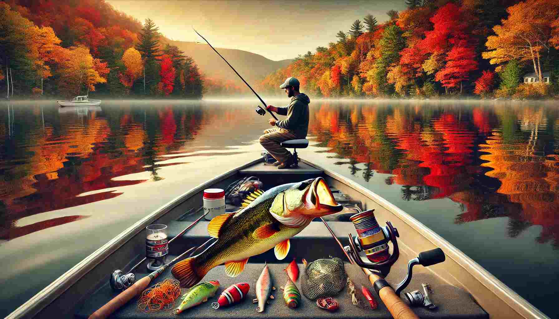 A fisherman on a small boat holds a largemouth bass on a calm lake surrounded by vibrant fall foliage. The autumn colors reflect on the still water, capturing the peaceful beauty of fall bass fishing.