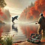 An angler casting a fishing rod near the shore of a calm lake during fall, with autumn-colored trees reflected in the water and mist rising in the early morning light. A large fish breaches the water in the distance, and fishing gear is visible by the angler's side