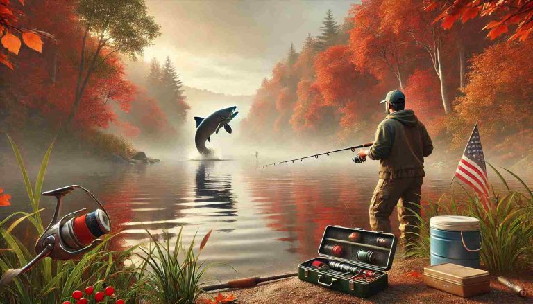 An angler casting a fishing rod near the shore of a calm lake during fall, with autumn-colored trees reflected in the water and mist rising in the early morning light. A large fish breaches the water in the distance, and fishing gear is visible by the angler's side